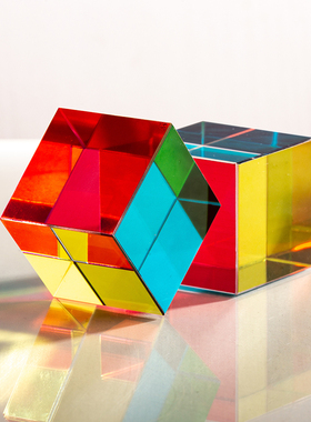 七彩棱镜水晶摆件七彩光立方体