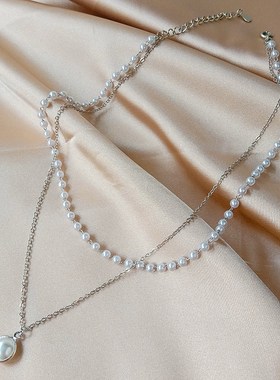 Double Layer Pearl Pendant Necklace Womens Simple Stylish Ch