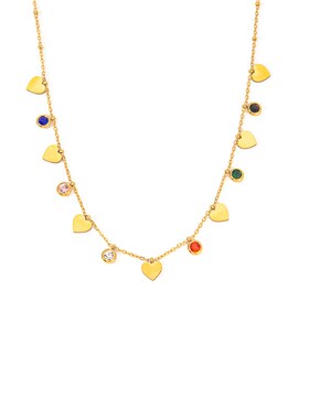 Retro Color Zircon Hollow Flower Heart Pendant Necklace Stai