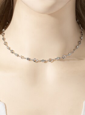 Long French Style Full Diamond Tassel Necklace Hollow Hearts