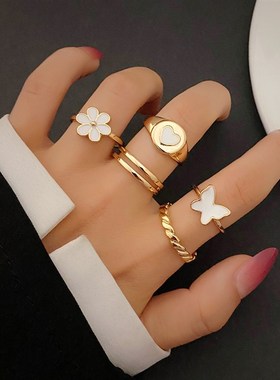 New European American Drip Oil Butterfly Flower Heart Ring 5