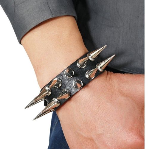 Jewelry Punk Style 2Row Spike Leather Bracelet for Men 2Row - 图0