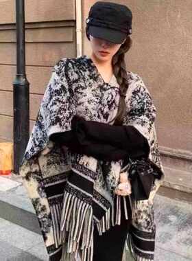 仿羊绒斗篷披肩女水墨东方美学外搭流苏针织披风百搭两用开衫外套