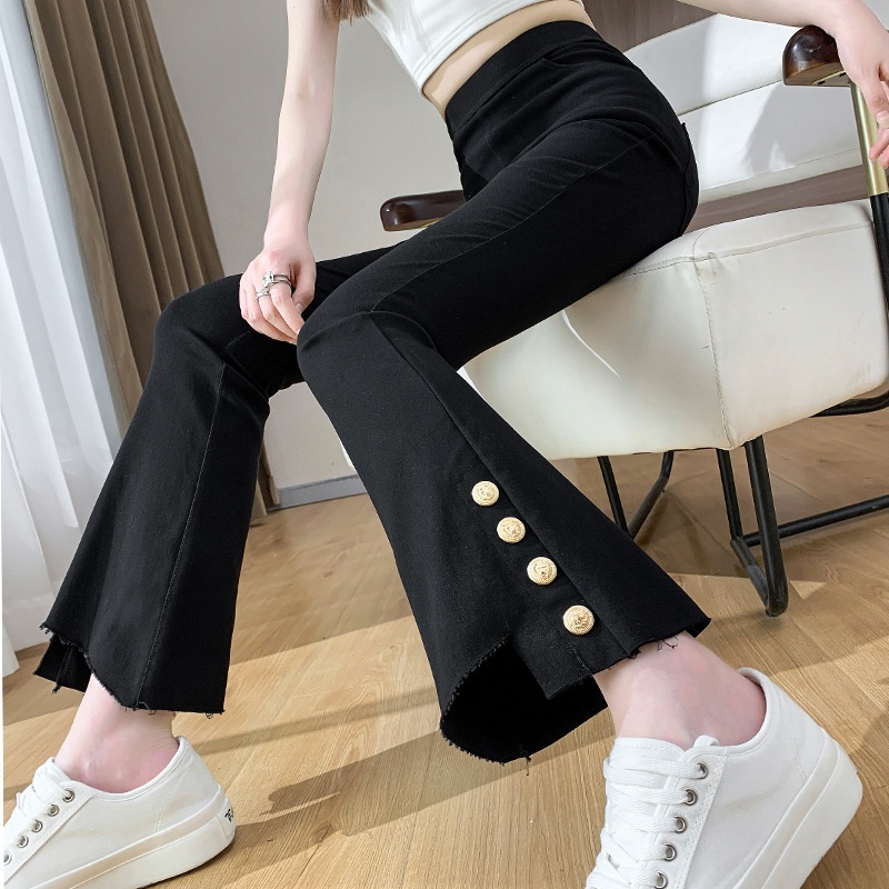 黑色牛仔裤女装显瘦高腰开叉不规则直筒微喇