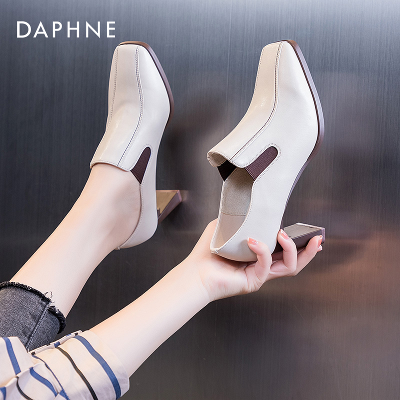 Daphne达芙妮 小个子网红穿搭~粗跟方头单鞋女一脚蹬通勤高跟鞋子 - 图1