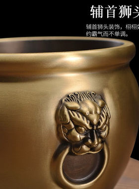 轩椽阁聚宝盆缸摆件纯黄铜狮首客厅办公室家居工艺品开业礼品【狮