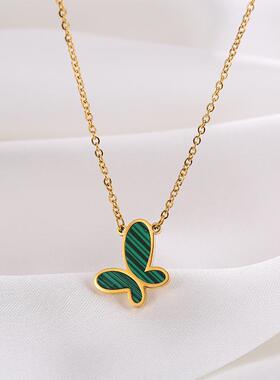 英国chrry koop18k金钛钢项链绿色蝴蝶吊坠串珠锁骨链流行首饰