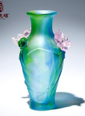 古法琉璃手工艺品供佛荷花花瓶水晶客厅插花玄关轻奢高档中式摆件