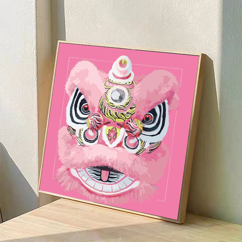新年国潮醒狮数字油画diy填充填色手工绘中国风丙烯油彩画装饰画
