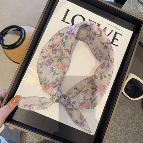 曼塔紫玫瑰棉麻小方巾春夏拍照防晒包头巾58透气柔软田园护颈领巾 - 图0