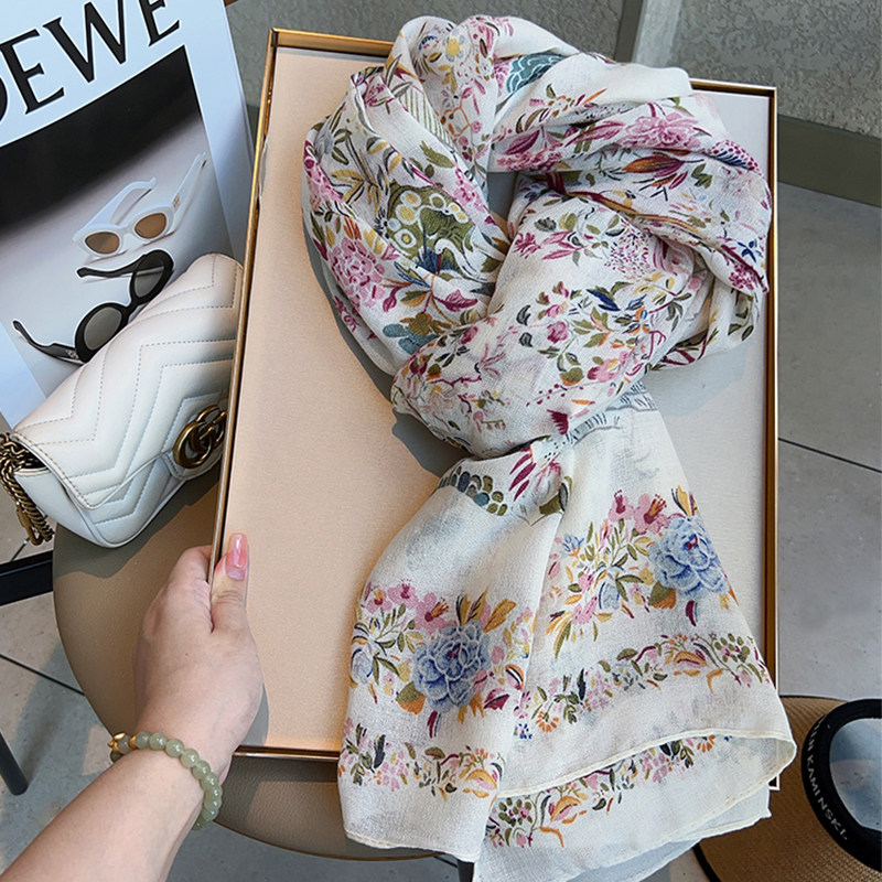 棉麻围巾女原创设计鸟语花香田园风百搭保暖靓丽护颈披肩春秋新款,淘宝优惠券,粉丝福利购,淘宝优惠卷
