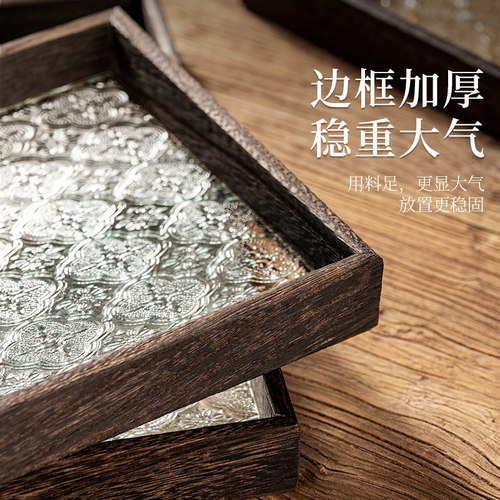 海棠花玻璃托盘长方形ins风家用复古木质高级感放茶杯子零食果盘 - 图2