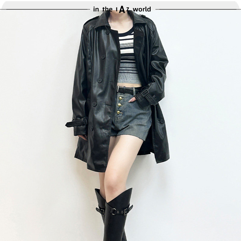 IAZ中长款双排扣pu皮风衣外套