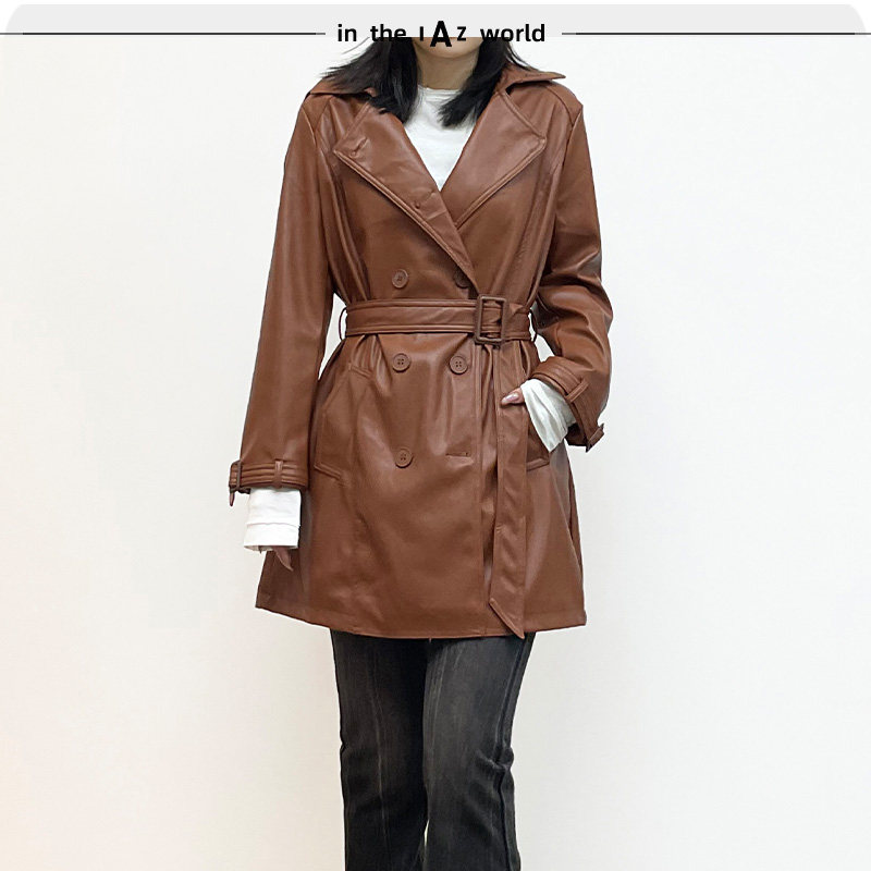 IAZ中长款双排扣pu皮风衣外套