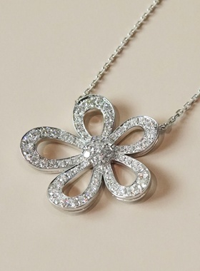 18K白金钻石蕾丝花大花吊坠项链