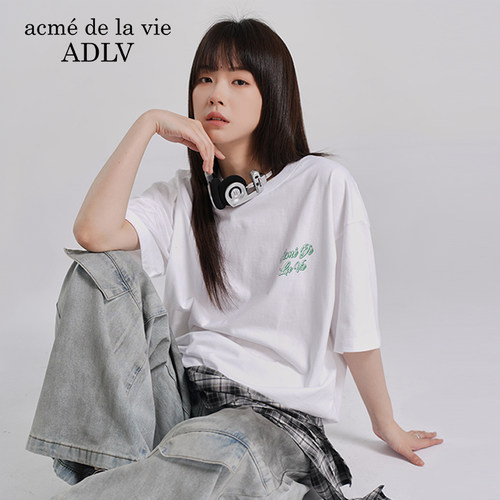ADLV字母LOGO印花落肩短袖T恤新款中性情侣款百搭宽松夏季ins男女 - 图1