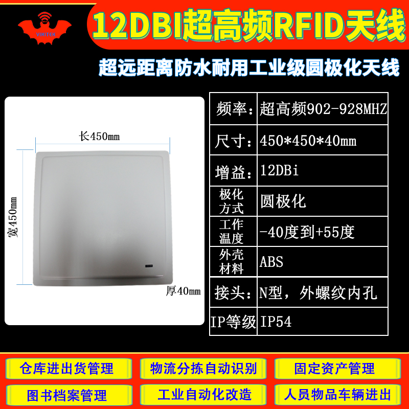 RFID天线超远距离VIKITEK超高频UHF板状ABS防水耐用圆线极化915MHZ电子标签读写器12dbi自动识别射频感应板 - 图1