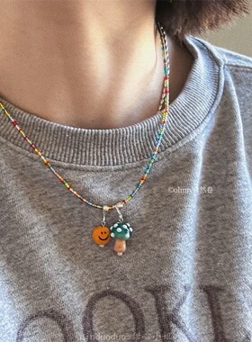 彩虹项链 手作小蘑菇串珠项链极细自由搭配秋冬多巴胺卫衣链批发