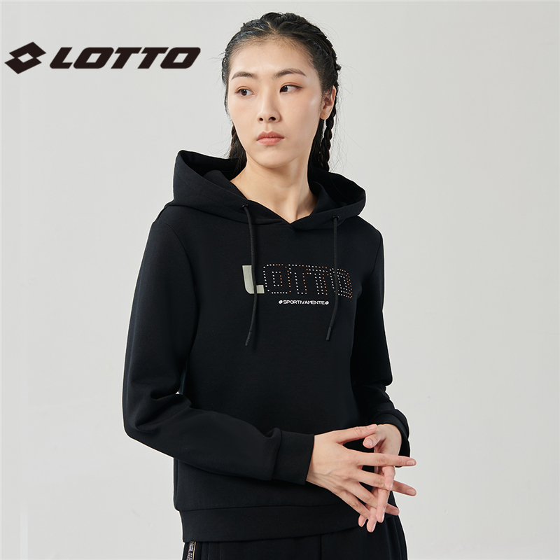LOTTO乐途秋冬连帽套头卫衣女简约经典百搭款黑色美式街头运动装