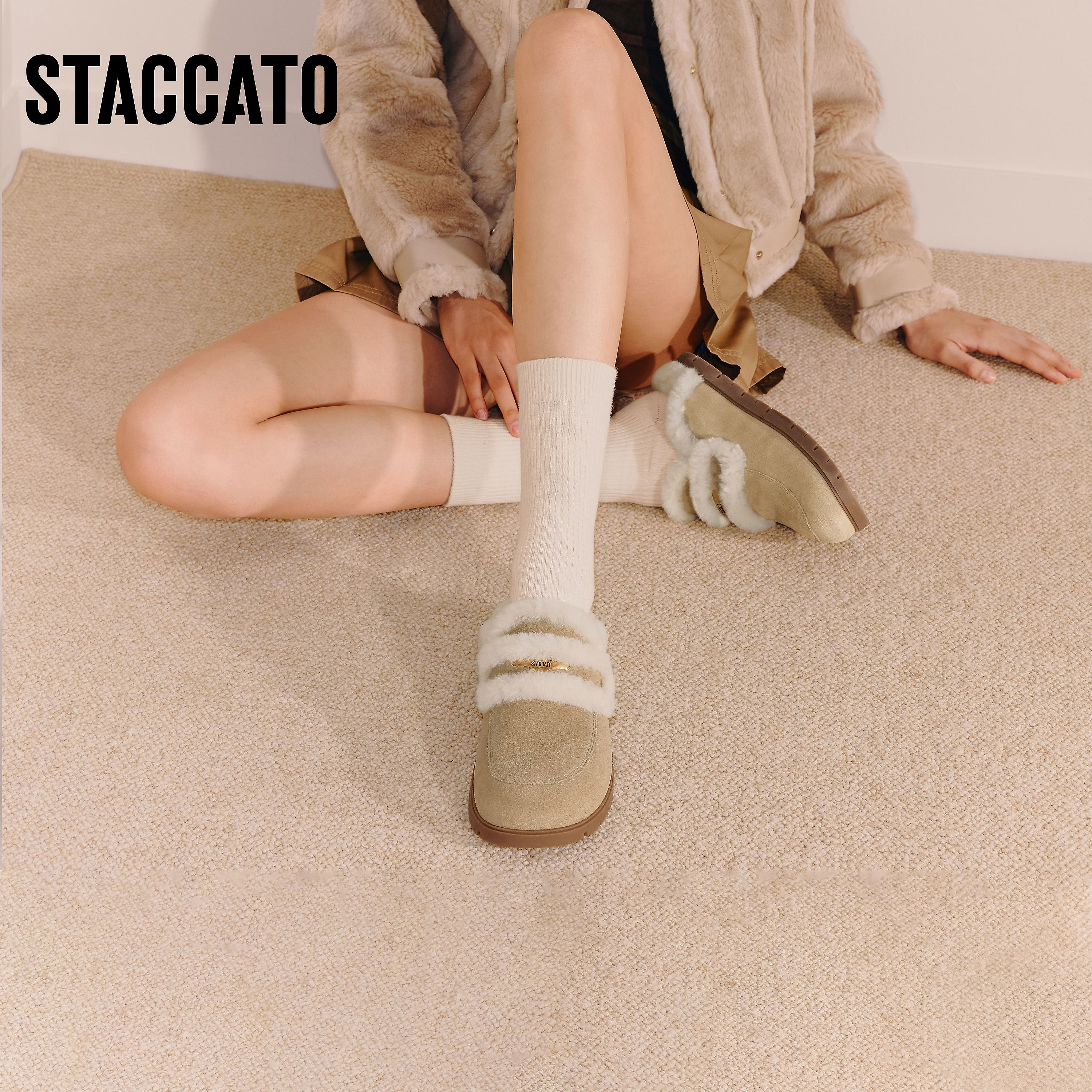 思加图2025冬季新款勃肯鞋毛毛鞋大头鞋厚底加绒半拖鞋女EIM01DH5 - 图2