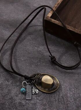 TEMU希音 跨境新品1件套个性时尚西部牛仔帽项链吊坠新款皮项链