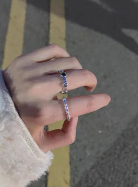 小众设计感彩色爱心竹节戒指女时尚个性食指戒开口可调节指环