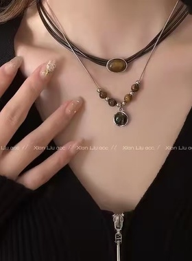 复古皮革虎眼石项链女中式叠戴