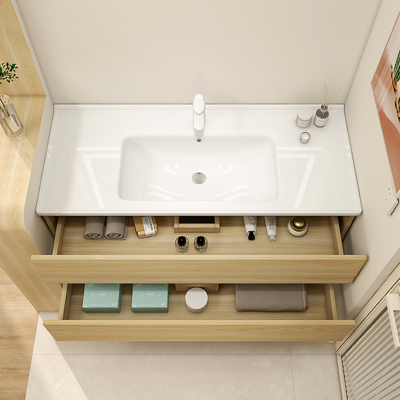 浴室柜陶瓷一体盆原木色日式洗脸盆组合智能洗手台洗漱台洗手盆柜 - 图3