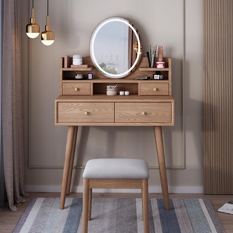 北欧实木梳妆台收纳柜一体卧室现代简约小户型白蜡木多功能化妆桌