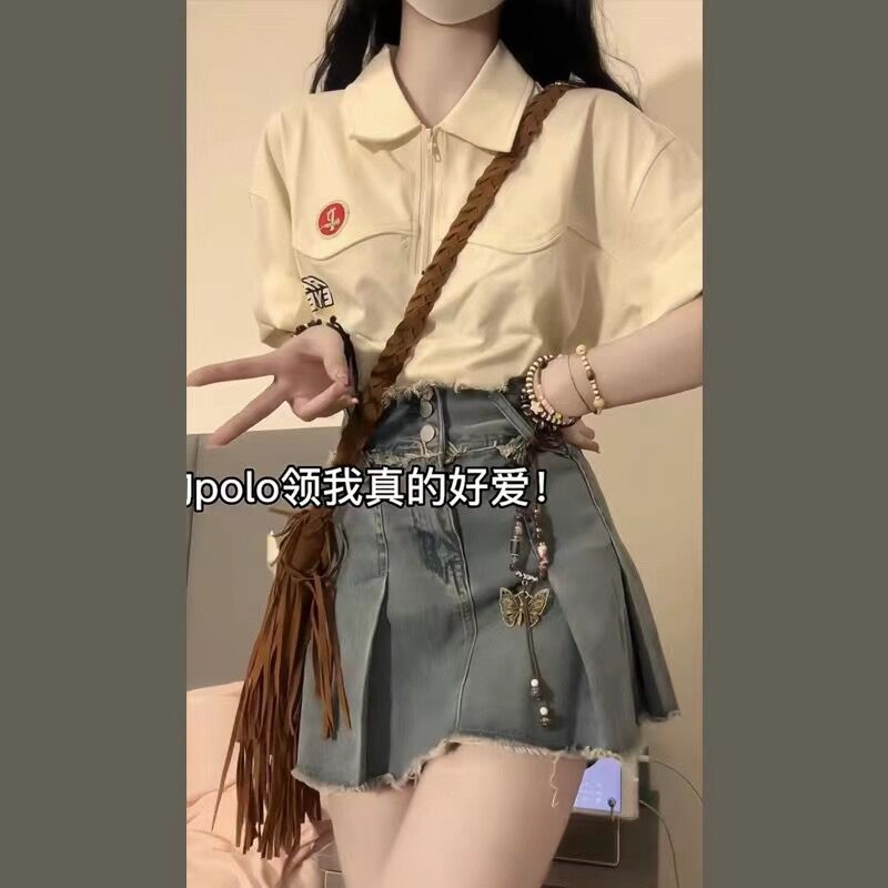 夏装盐系穿搭一整套俏皮活泼学院风polo领上衣牛仔短裙两件套装女 - 图2