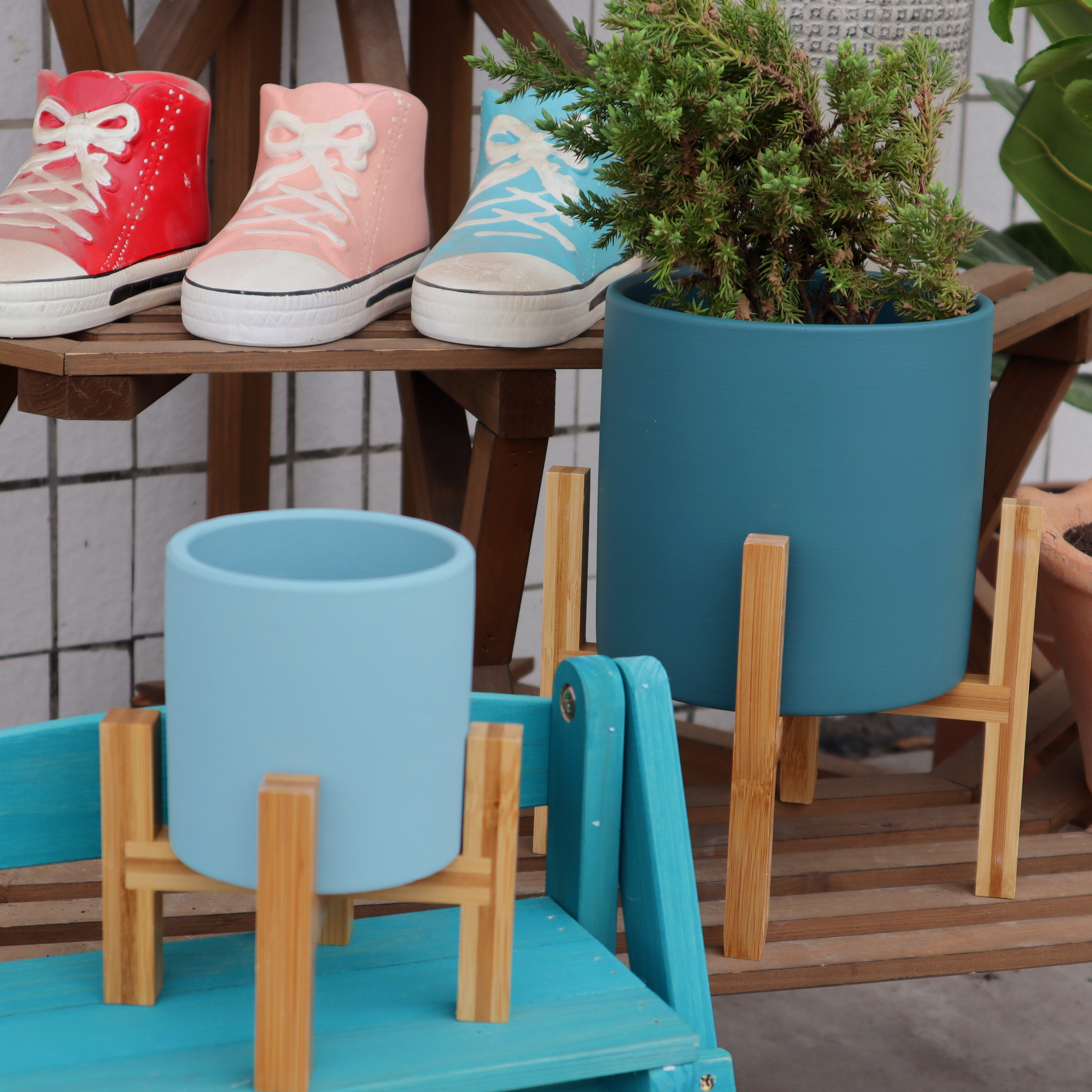 十字形竹木花架陶瓷花盆托架拼装园艺花园阳台绿植桌面落地室内外,淘宝优惠券,粉丝福利购,淘宝优惠卷