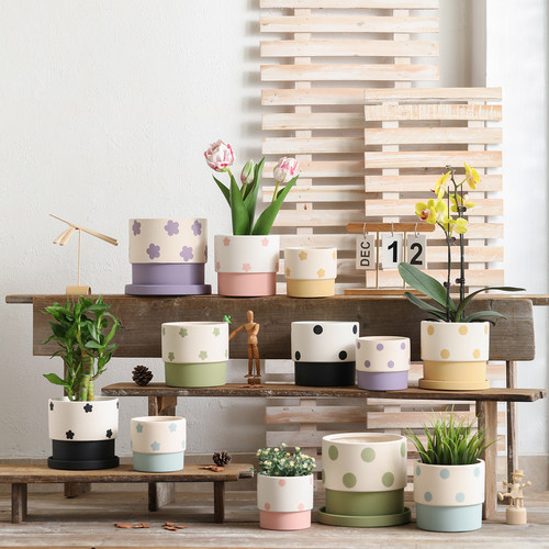 圆形彩绘波点花朵素烧陶瓷花盆透气陶土有孔带托盘种盆栽多肉小树 - 图1