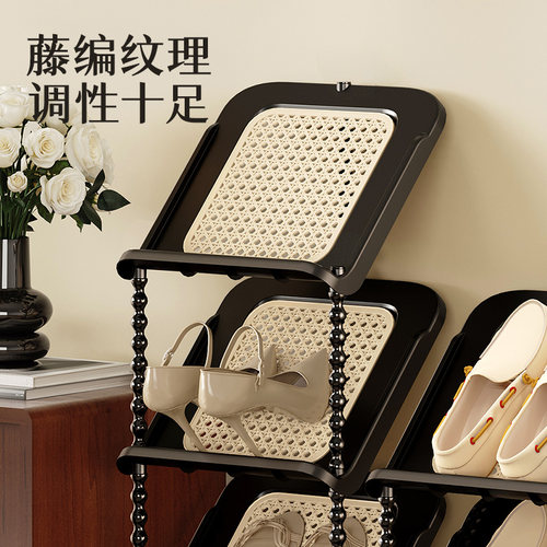 中古风鞋架藤编纹理多层家用门口入户小窄简易客厅鞋柜鞋子收纳架 - 图3