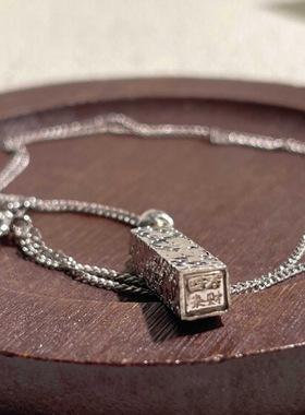 纯银S925四方来财印章项链女新中式国潮CNC碎冰冰吊坠纯银锁骨链