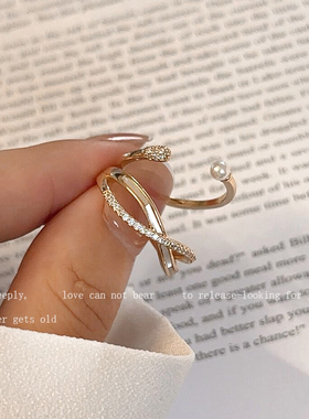 法式复古珍珠锆石叠带可调节指环