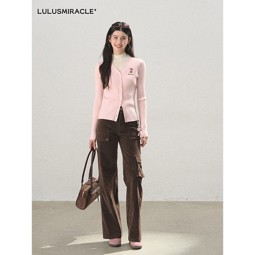 LulusMiracle【甜布利】甜美V领粉色针织开衫上衣女春季长袖毛衣 - 图3