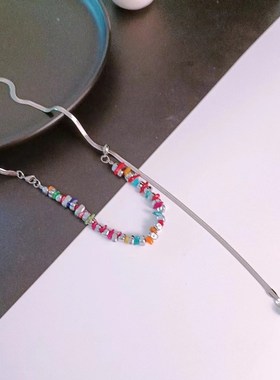 新款彩色方钻锆石糖果水晶项链不对称可调节抽拉式锁骨链皓石项链