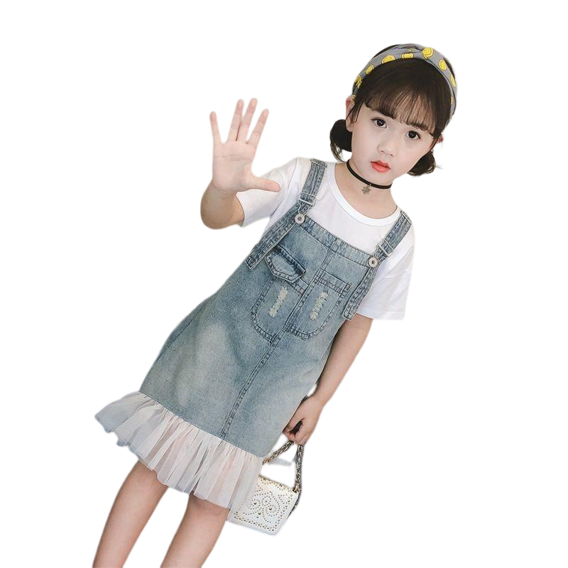 女童夏装2023新款牛仔韩版中大童洋气时髦潮衣夏季儿童背带裙套装