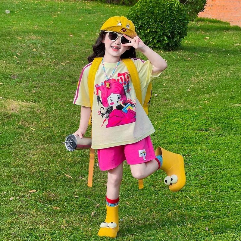 女童夏日套装2025新款洋气女孩多巴胺短裤夏季儿童韩版休闲两件套,淘宝优惠券,粉丝福利购,淘宝优惠卷