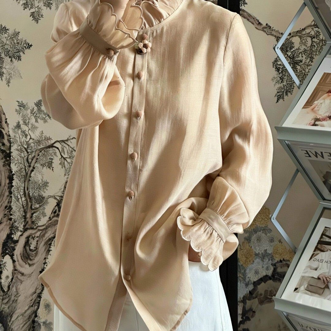米米店26年早春法式木耳边单排扣天丝小衫YS243-G416,淘宝优惠券,粉丝福利购,淘宝优惠卷
