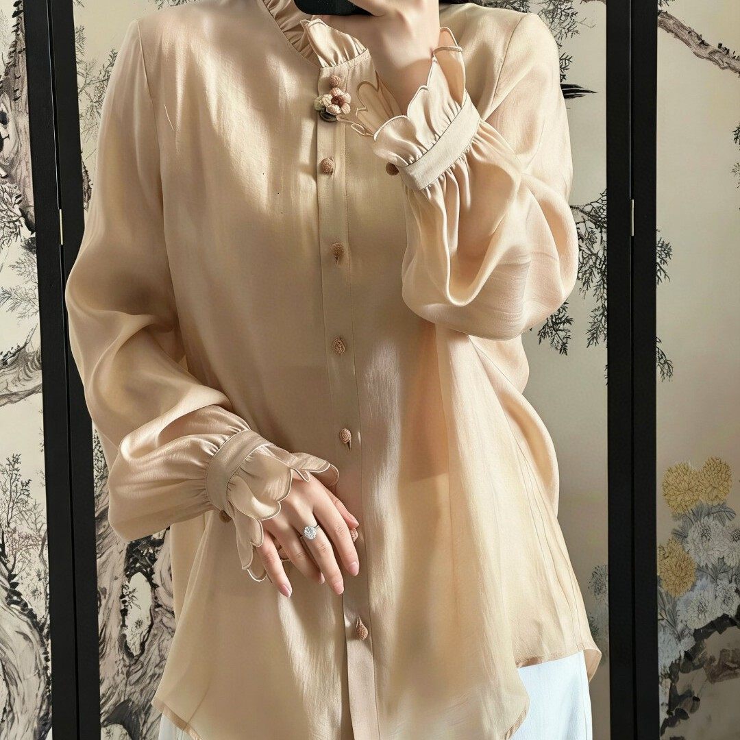 米米店26年早春法式木耳边单排扣天丝小衫YS243-G416,淘宝优惠券,粉丝福利购,淘宝优惠卷