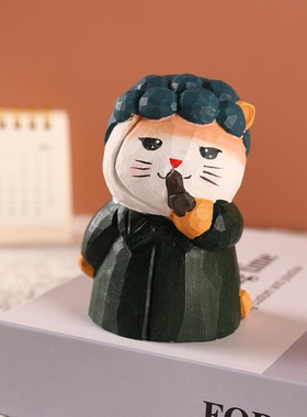 手工珍珠耳环猫木雕摆件