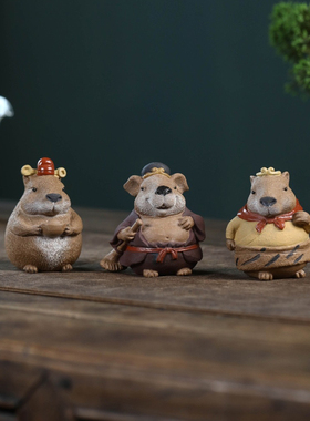 紫砂水豚八戒悟空卡皮巴拉桌面摆件创意工艺品书房办公室茶桌装饰