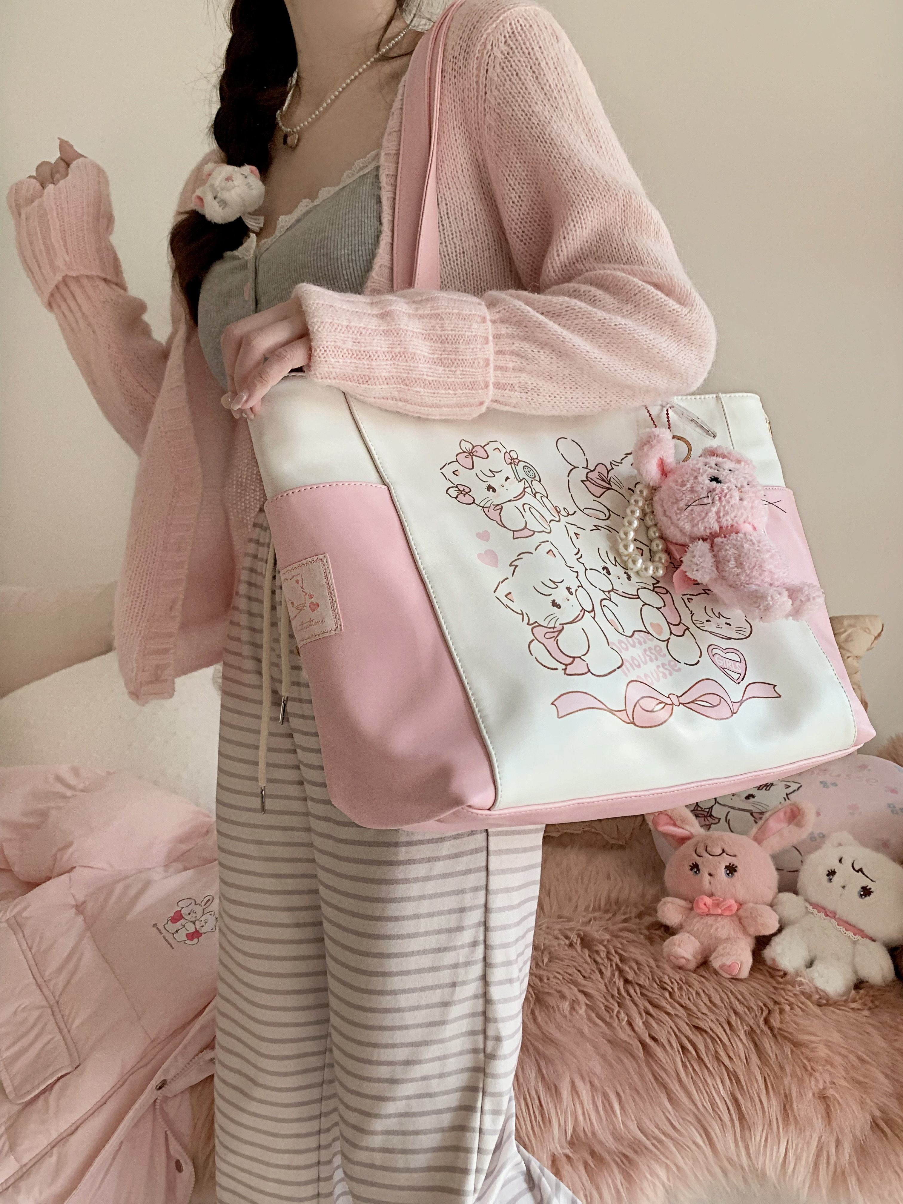 绵羊商店mikko联名大容量拼色托特包手提包单肩通勤可爱粉色大包