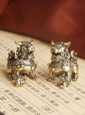 速发纯铜狮子(一对)黄铜桌面镇狮件铜宅小摆子居家装饰财运茶宠摆