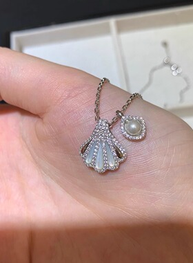 银镀18k金白贝母满钻银贝壳项链