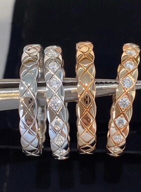 小香风菱格纹镶钻戒指女925银镀