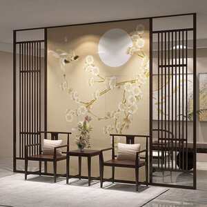 施麦尔中式实木屏风隔断客厅进门玄关办公室茶室背景装饰花鸟图格