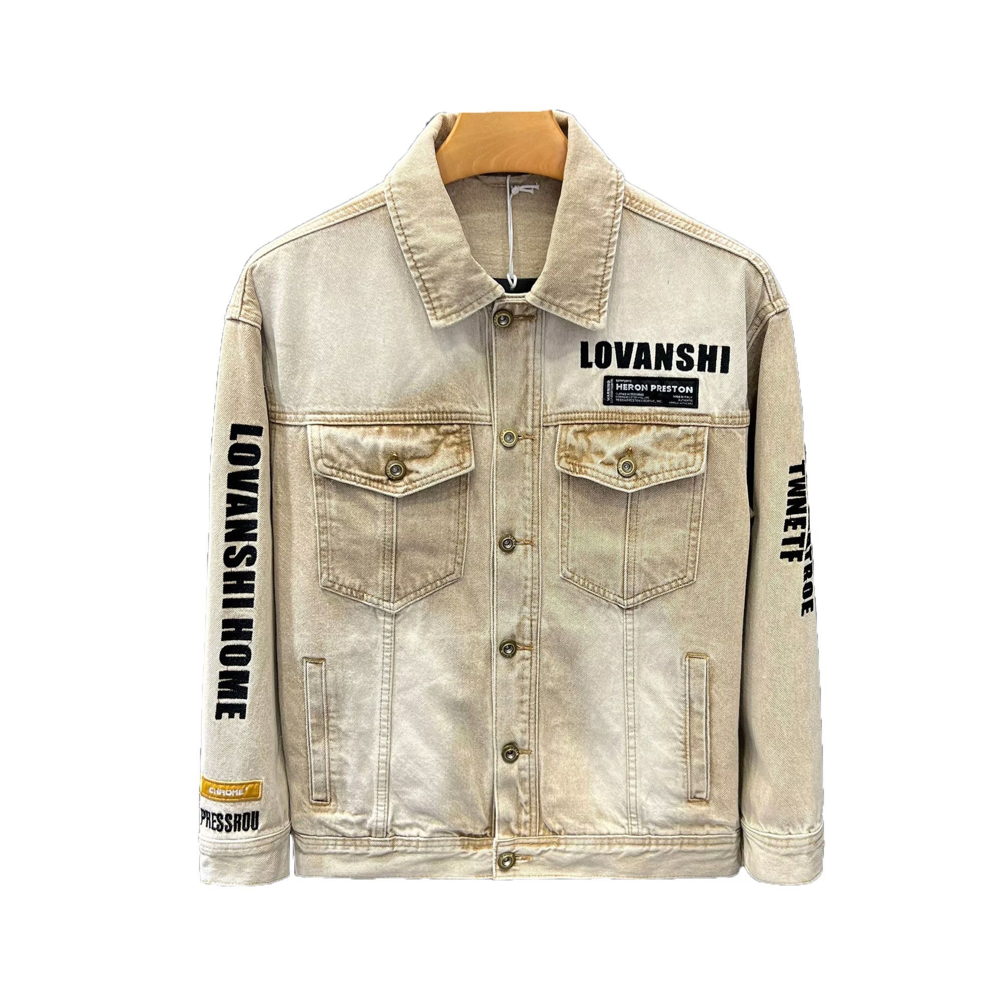 美式做旧徽章刺绣牛仔夹克男秋冬宽松大码潮流复古机车方领外套 - 图3