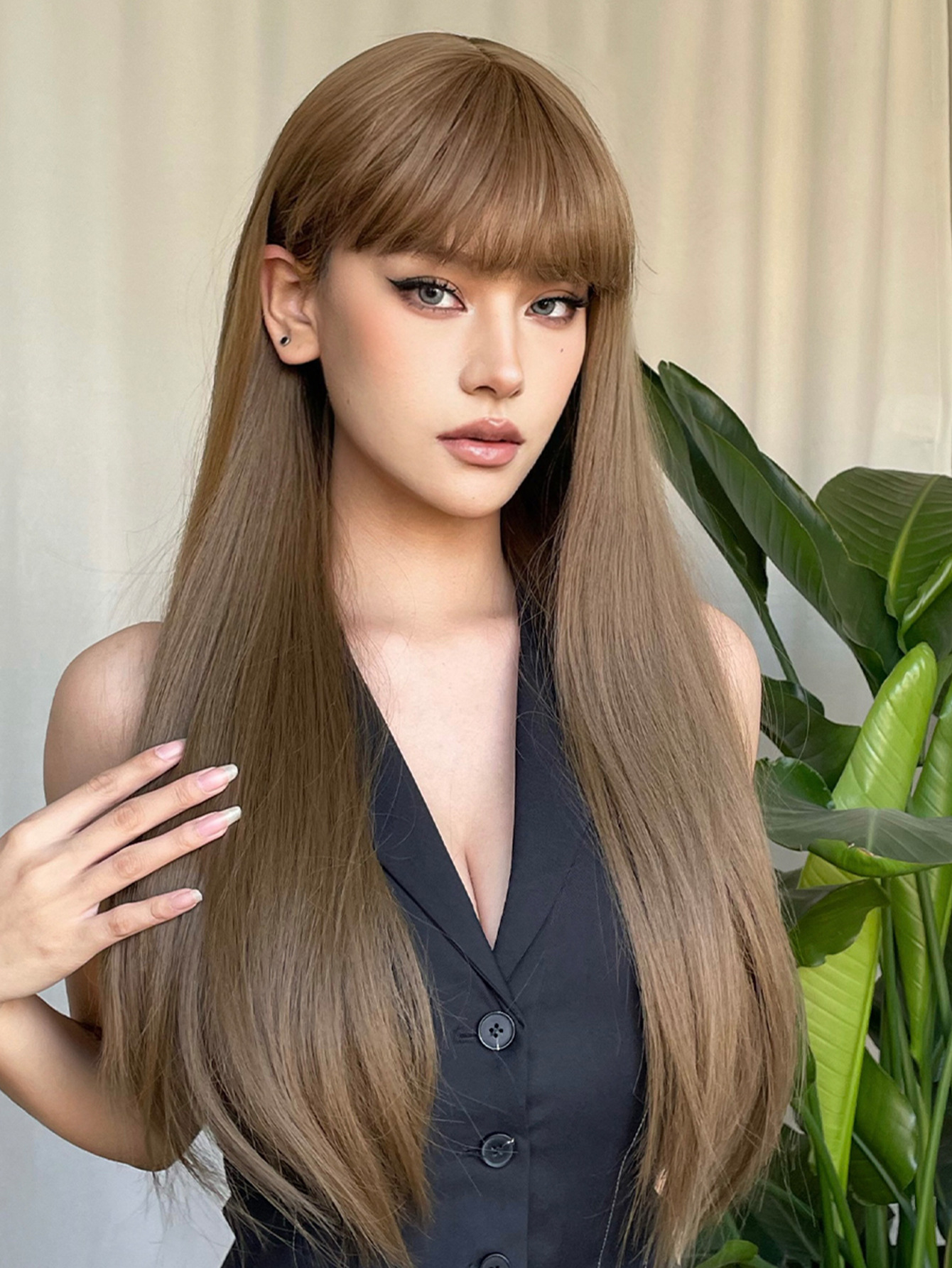 棕色长直发全头套假发Brown long straight hair full head wig - 图1